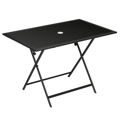 Foldable Garden Dining Table for 6 People, with Tempered Glass Top, Rectangular Outdoor Table with Umbrella Hole for Garden, Patio, Terrace, 110 x 70 x 70 cm, Black