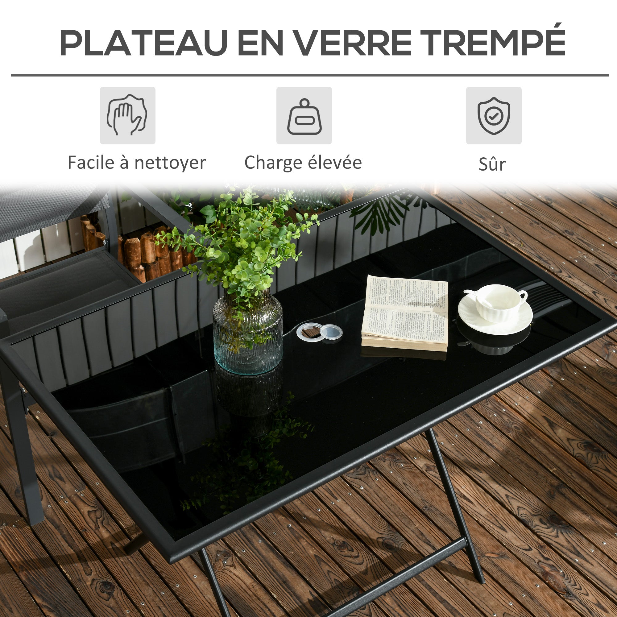 Foldable Garden Dining Table for 6 People, with Tempered Glass Top, Rectangular Outdoor Table with Umbrella Hole for Garden, Patio, Terrace, 110 x 70 x 70 cm, Black