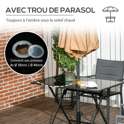 Foldable Garden Dining Table for 6 People, with Tempered Glass Top, Rectangular Outdoor Table with Umbrella Hole for Garden, Patio, Terrace, 110 x 70 x 70 cm, Black