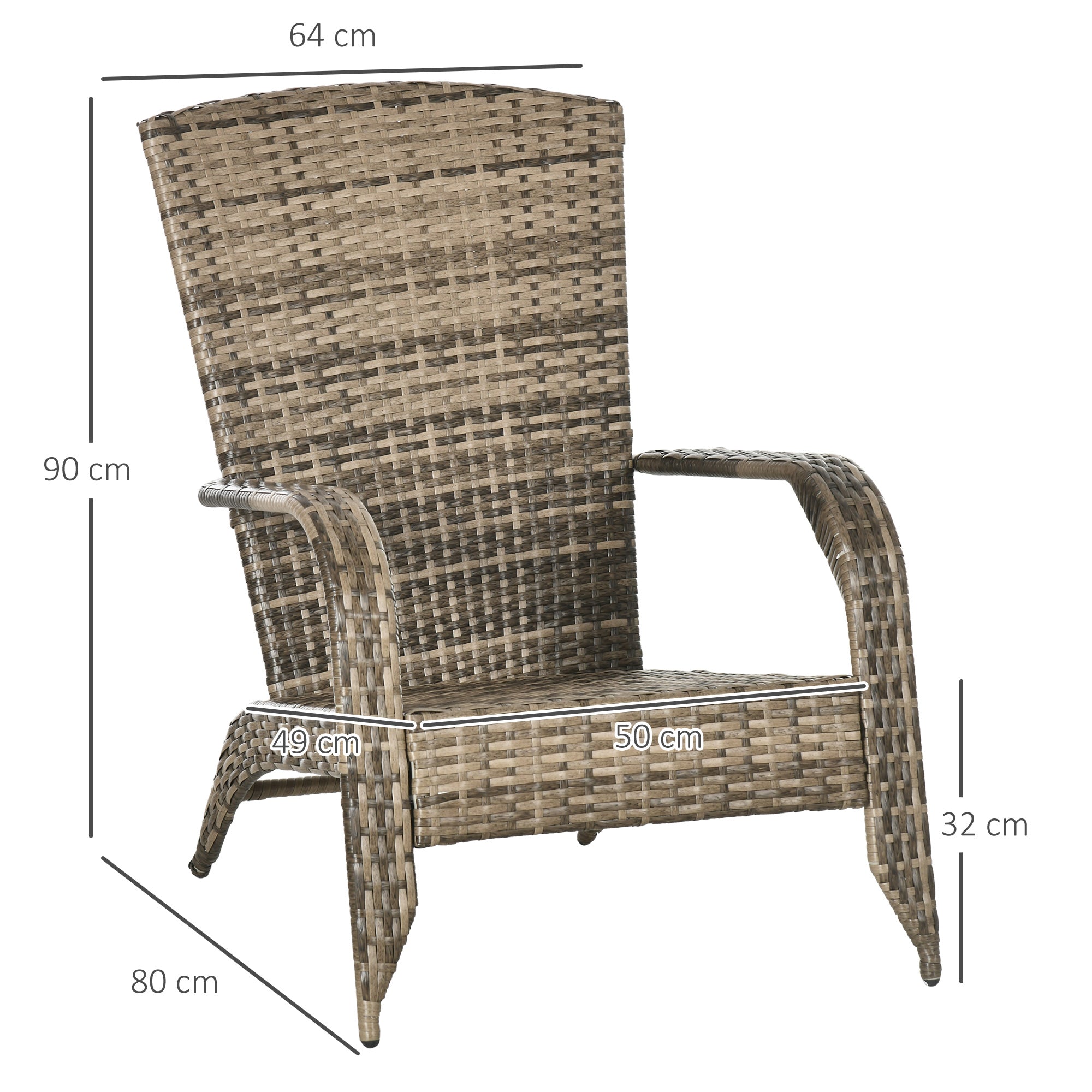 Adirondack Garden Chair with Armrests and Cushions, Rattan and Steel Chair for Indoors and Outdoors, 64x80x90 cm, Dark Gray