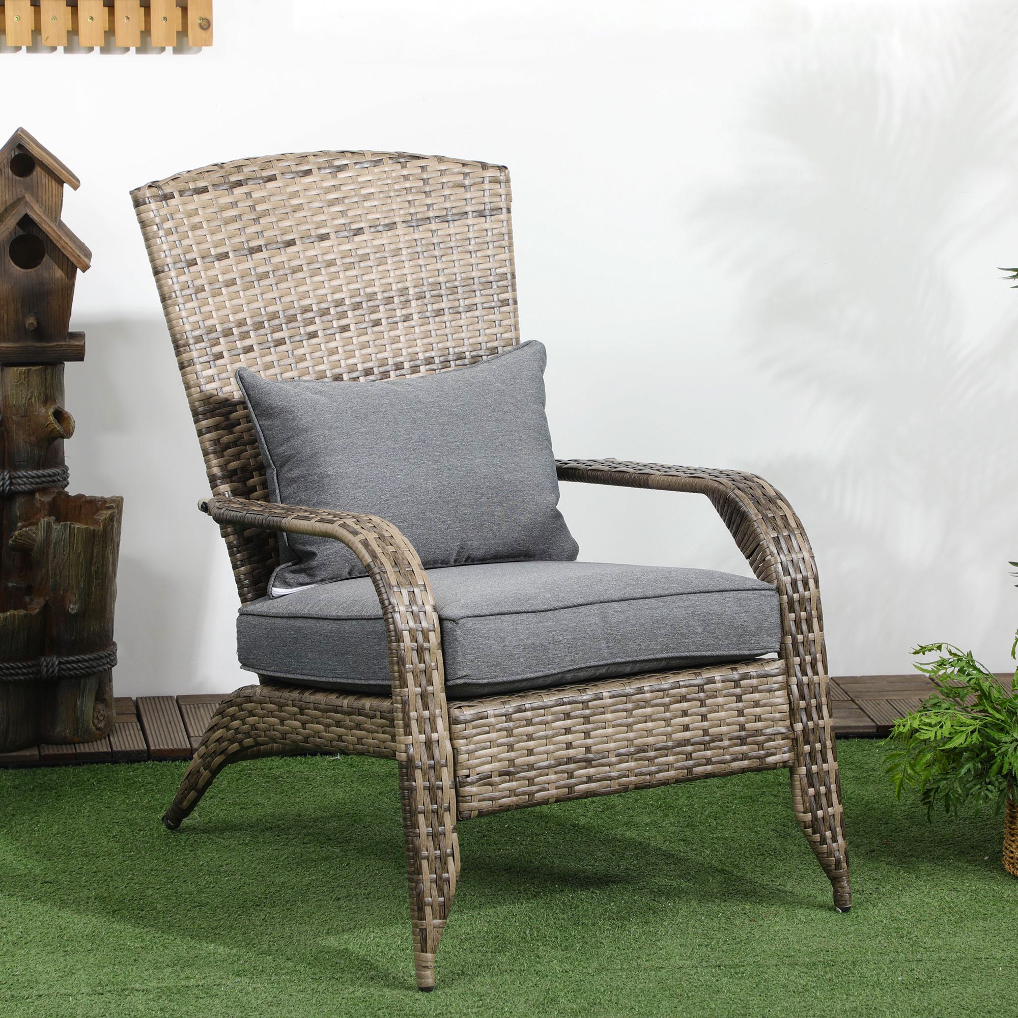 Adirondack Garden Chair with Armrests and Cushions, Rattan and Steel Chair for Indoors and Outdoors, 64x80x90 cm, Dark Gray