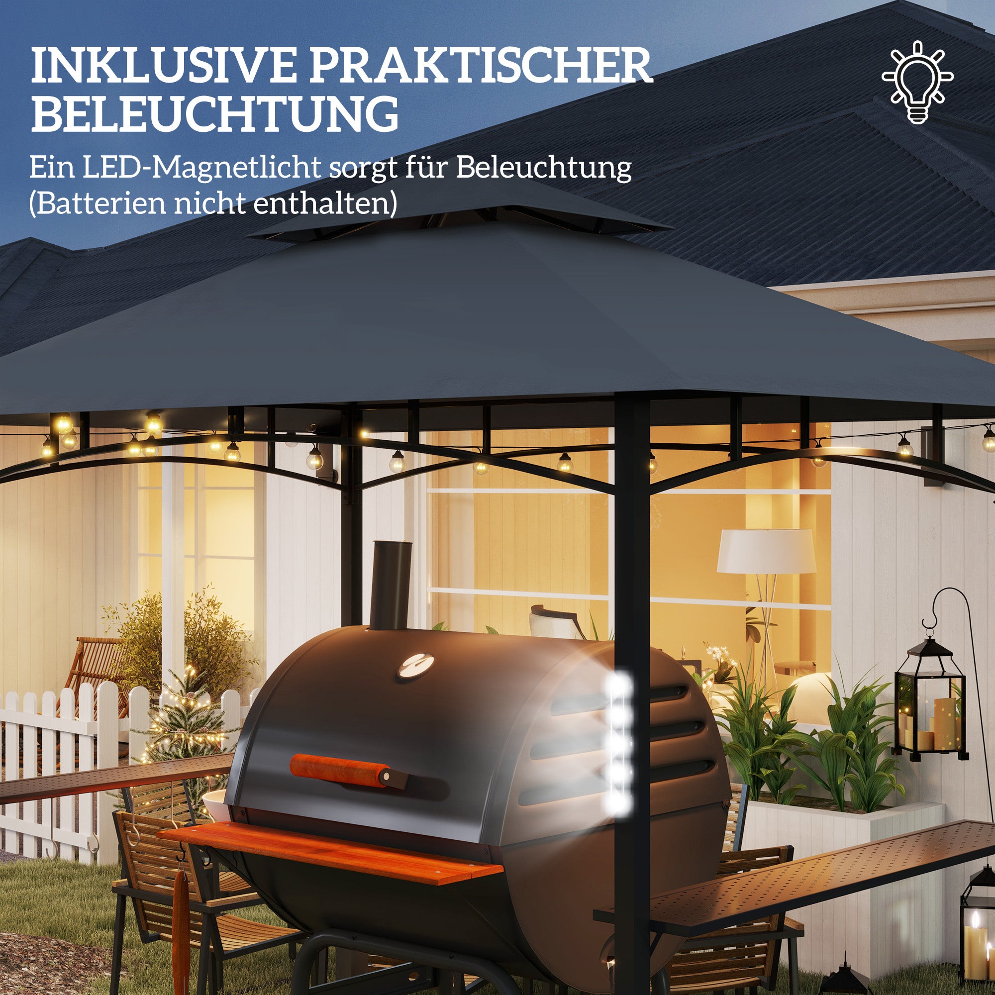 Grill Pavilion with LED 243 x 148 x 248 cm Waterproof Flame Retardant Garden Pavilion with Double Roof, Side Shelves, Arbor with UV Protection, BBQ Pavilion Made of Metal Grill Tent for Party BBQ Grey