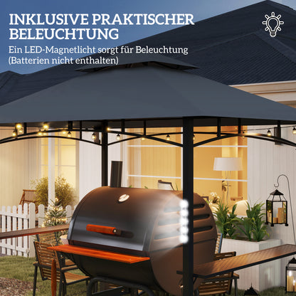 Grill Pavilion with LED 243 x 148 x 248 cm Waterproof Flame Retardant Garden Pavilion with Double Roof, Side Shelves, Arbor with UV Protection, BBQ Pavilion Made of Metal Grill Tent for Party BBQ Grey