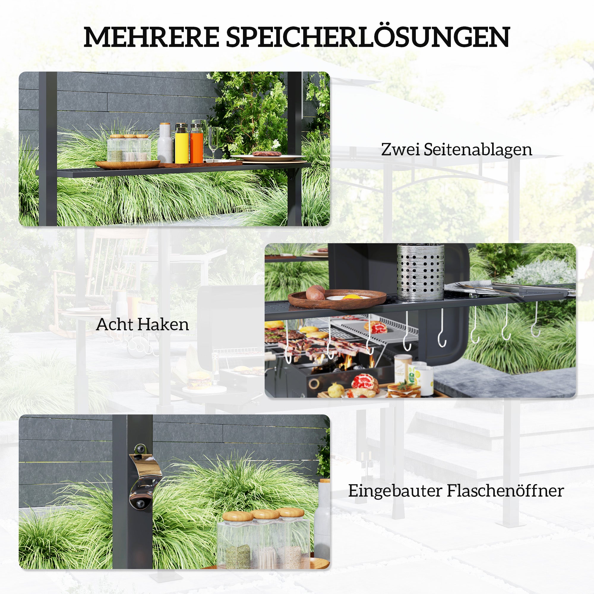 Grill Pavilion with LED 243 x 148 x 248 cm Waterproof Flame Retardant Garden Pavilion with Double Roof, Side Shelves, Arbor with UV Protection, BBQ Pavilion Made of Metal Grill Tent for Party BBQ Grey