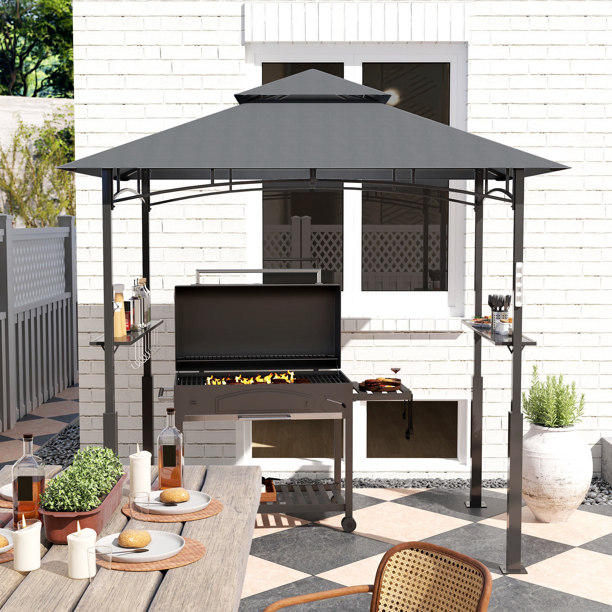 Grill Pavilion with LED 243 x 148 x 248 cm Waterproof Flame Retardant Garden Pavilion with Double Roof, Side Shelves, Arbor with UV Protection, BBQ Pavilion Made of Metal Grill Tent for Party BBQ Grey