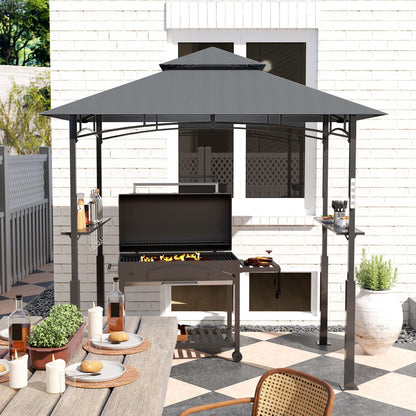 Grill Pavilion with LED 243 x 148 x 248 cm Waterproof Flame Retardant Garden Pavilion with Double Roof, Side Shelves, Arbor with UV Protection, BBQ Pavilion Made of Metal Grill Tent for Party BBQ Grey