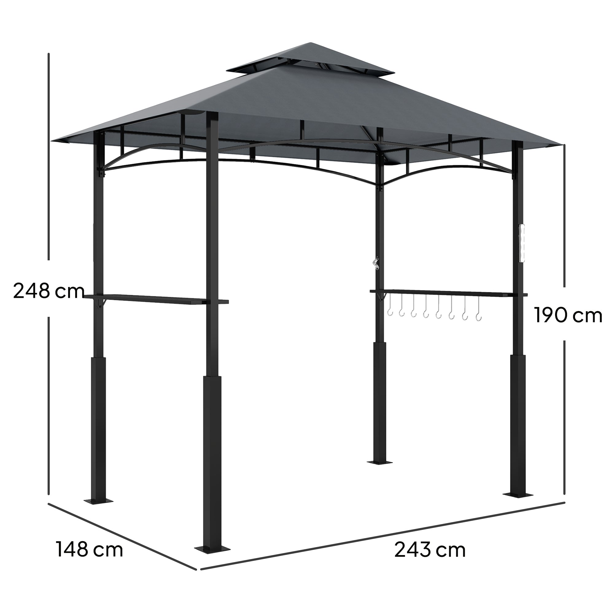 Grill Pavilion with LED 243 x 148 x 248 cm Waterproof Flame Retardant Garden Pavilion with Double Roof, Side Shelves, Arbor with UV Protection, BBQ Pavilion Made of Metal Grill Tent for Party BBQ Grey