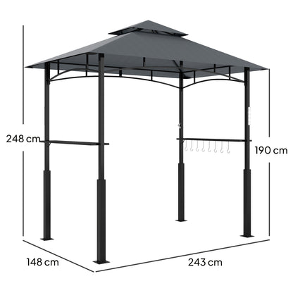 Grill Pavilion with LED 243 x 148 x 248 cm Waterproof Flame Retardant Garden Pavilion with Double Roof, Side Shelves, Arbor with UV Protection, BBQ Pavilion Made of Metal Grill Tent for Party BBQ Grey