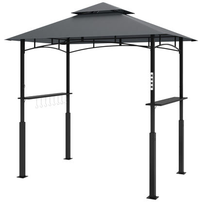 Grill Pavilion with LED 243 x 148 x 248 cm Waterproof Flame Retardant Garden Pavilion with Double Roof, Side Shelves, Arbor with UV Protection, BBQ Pavilion Made of Metal Grill Tent for Party BBQ Grey