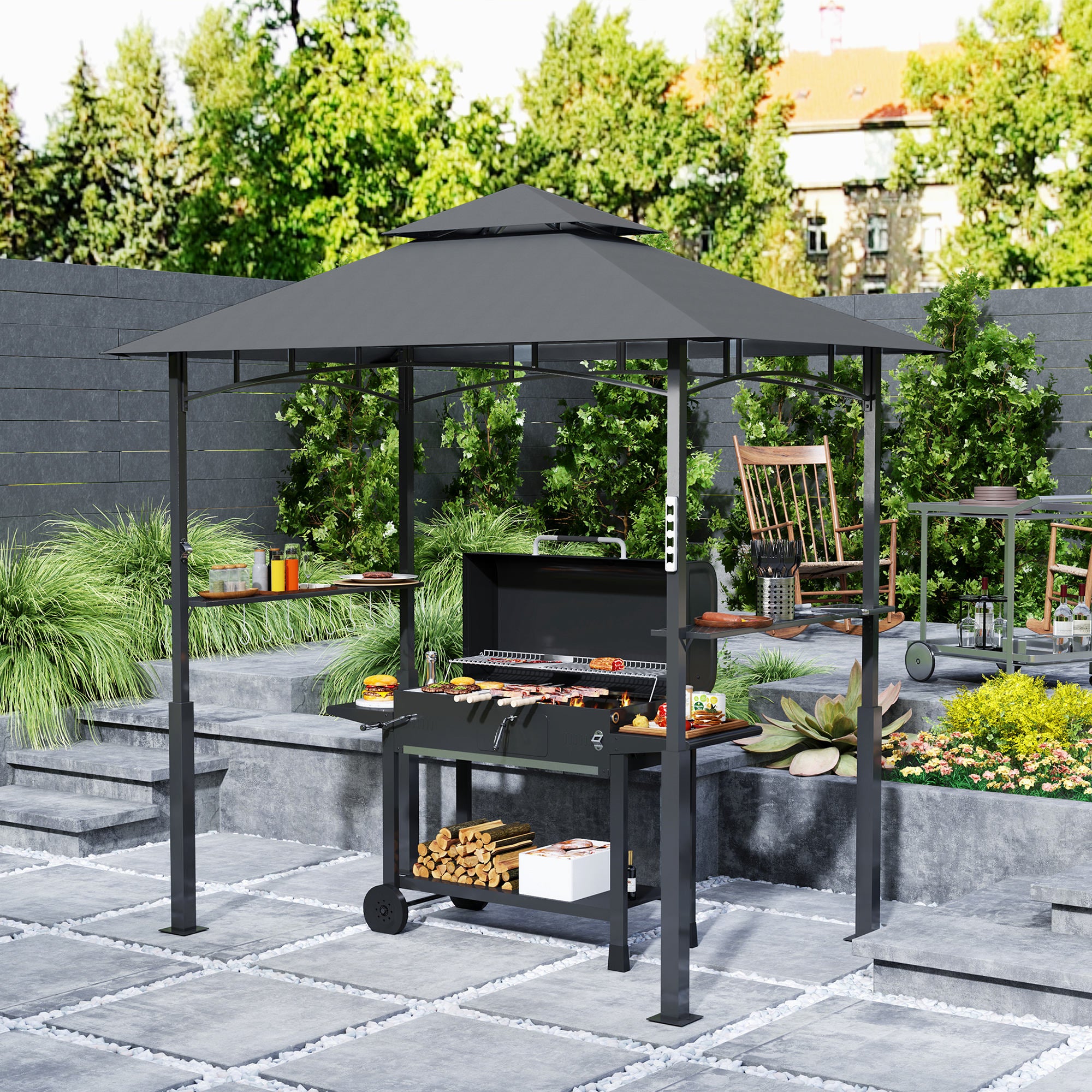Grill Pavilion with LED 243 x 148 x 248 cm Waterproof Flame Retardant Garden Pavilion with Double Roof, Side Shelves, Arbor with UV Protection, BBQ Pavilion Made of Metal Grill Tent for Party BBQ Grey