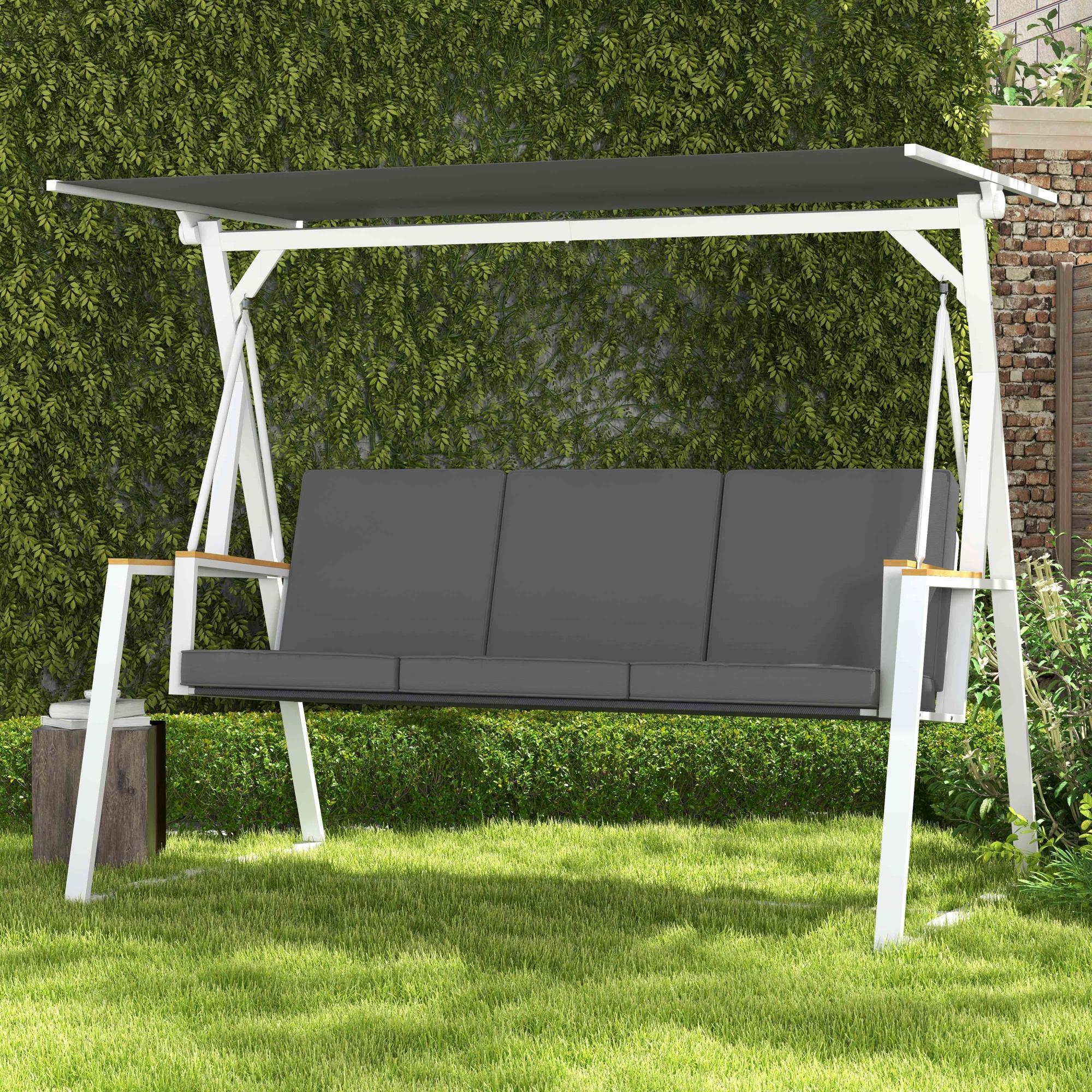 3-Seater Garden Swing with Adjustable Roof Incline, Provided Mattress, Steel Frame, Dimensions: 205L x 130W x 175H cm Dark Gray