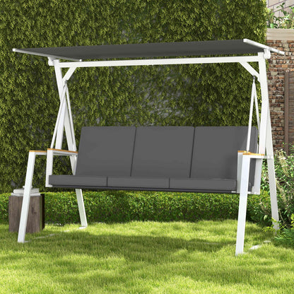3-Seater Garden Swing with Adjustable Roof Incline, Provided Mattress, Steel Frame, Dimensions: 205L x 130W x 175H cm Dark Gray