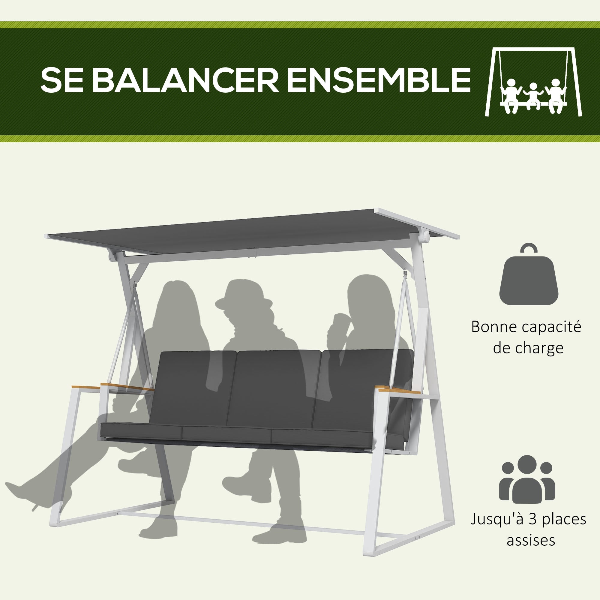 3-Seater Garden Swing with Adjustable Roof Incline, Provided Mattress, Steel Frame, Dimensions: 205L x 130W x 175H cm Dark Gray