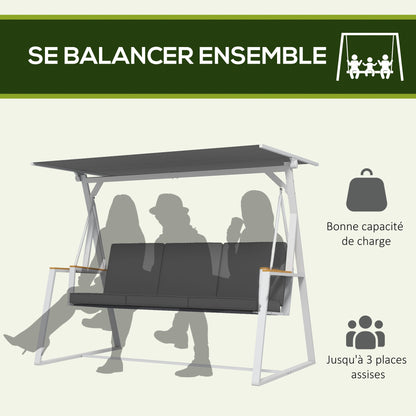 3-Seater Garden Swing with Adjustable Roof Incline, Provided Mattress, Steel Frame, Dimensions: 205L x 130W x 175H cm Dark Gray