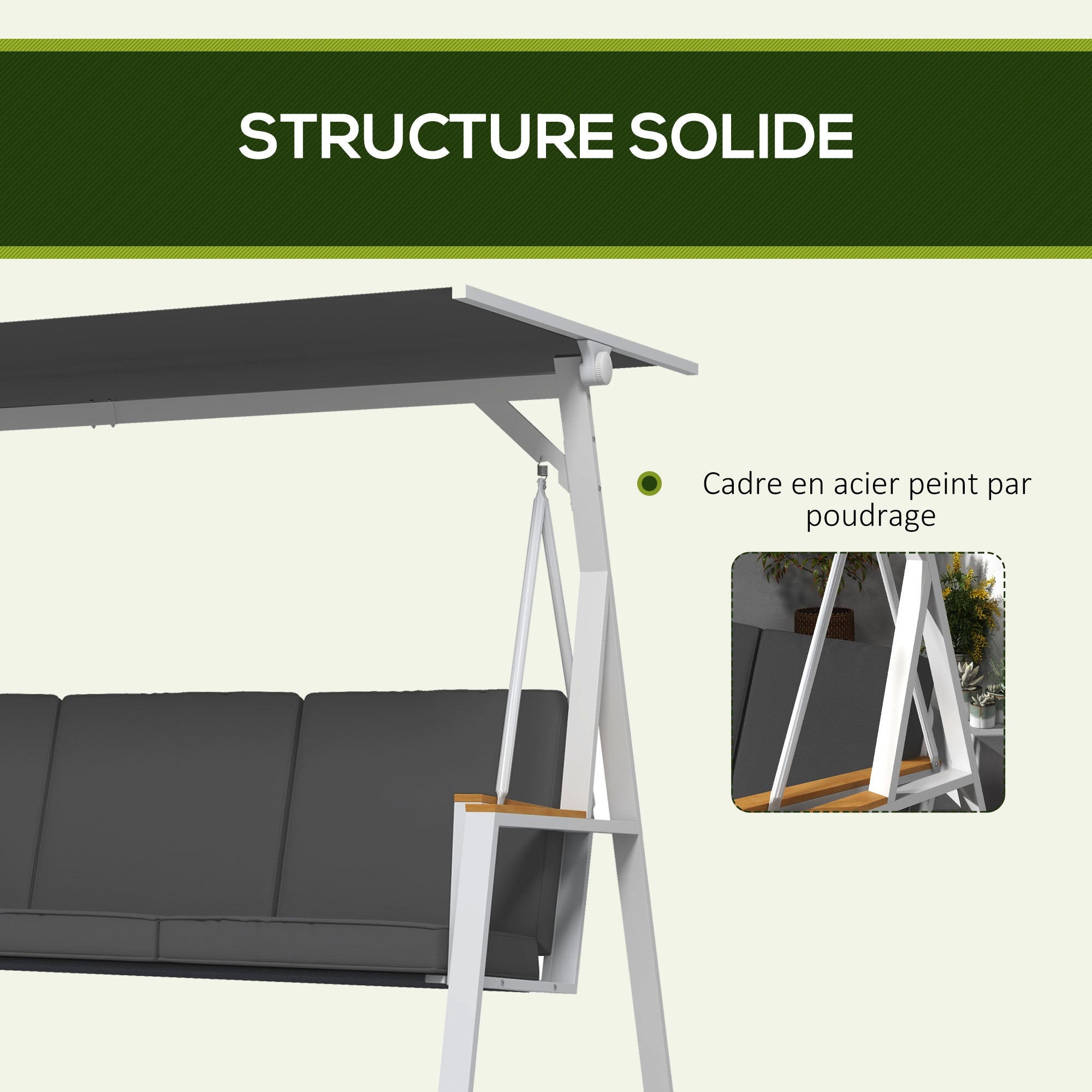 3-Seater Garden Swing with Adjustable Roof Incline, Provided Mattress, Steel Frame, Dimensions: 205L x 130W x 175H cm Dark Gray