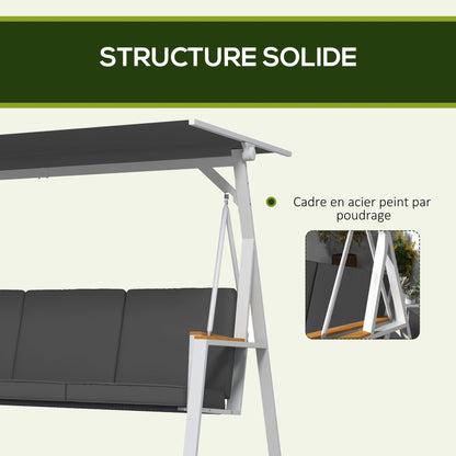 3-Seater Garden Swing with Adjustable Roof Incline, Provided Mattress, Steel Frame, Dimensions: 205L x 130W x 175H cm Dark Gray