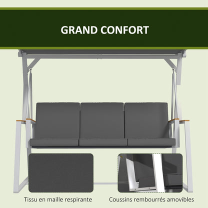 3-Seater Garden Swing with Adjustable Roof Incline, Provided Mattress, Steel Frame, Dimensions: 205L x 130W x 175H cm Dark Gray