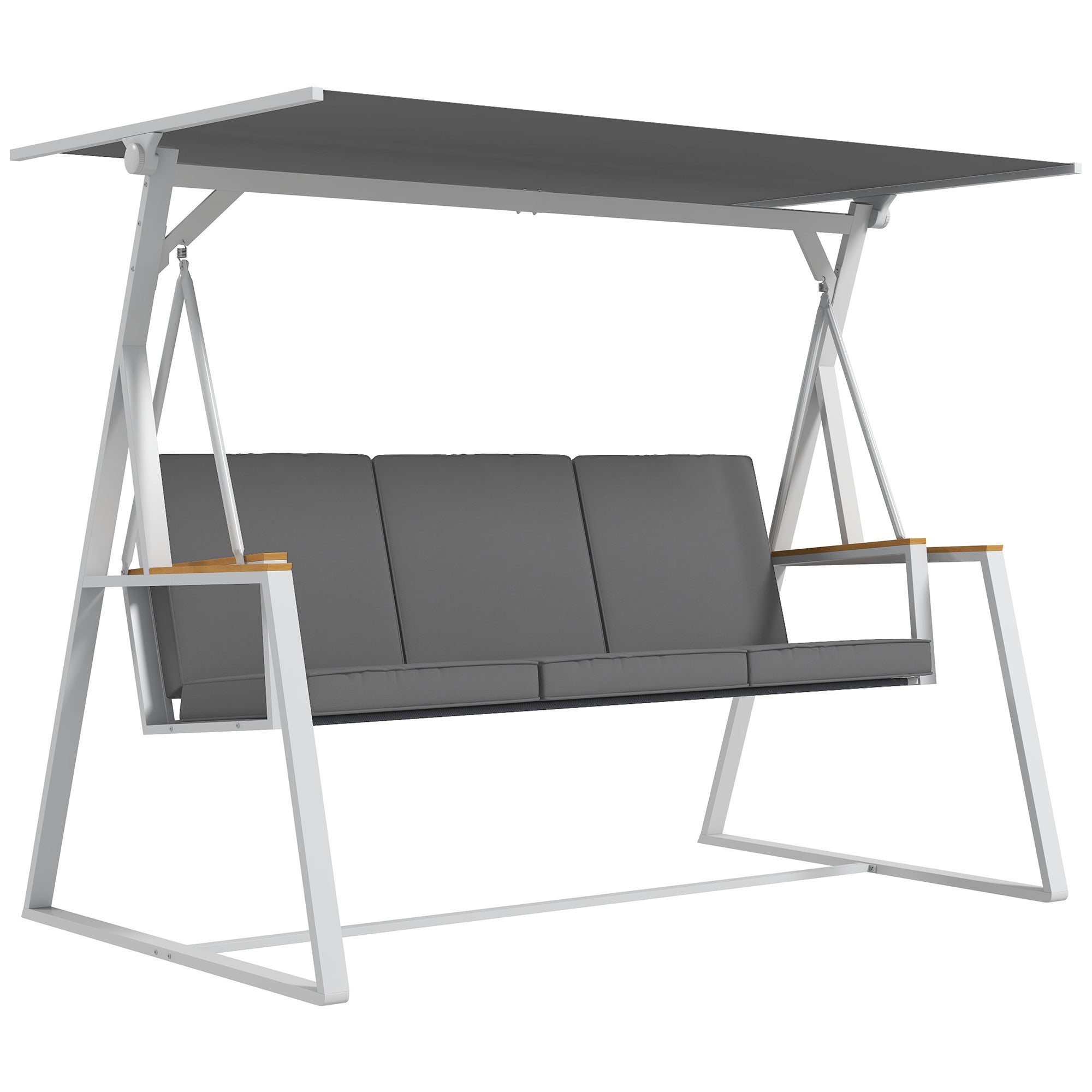 3-Seater Garden Swing with Adjustable Roof Incline, Provided Mattress, Steel Frame, Dimensions: 205L x 130W x 175H cm Dark Gray