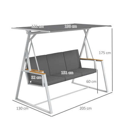 3-Seater Garden Swing with Adjustable Roof Incline, Provided Mattress, Steel Frame, Dimensions: 205L x 130W x 175H cm Dark Gray