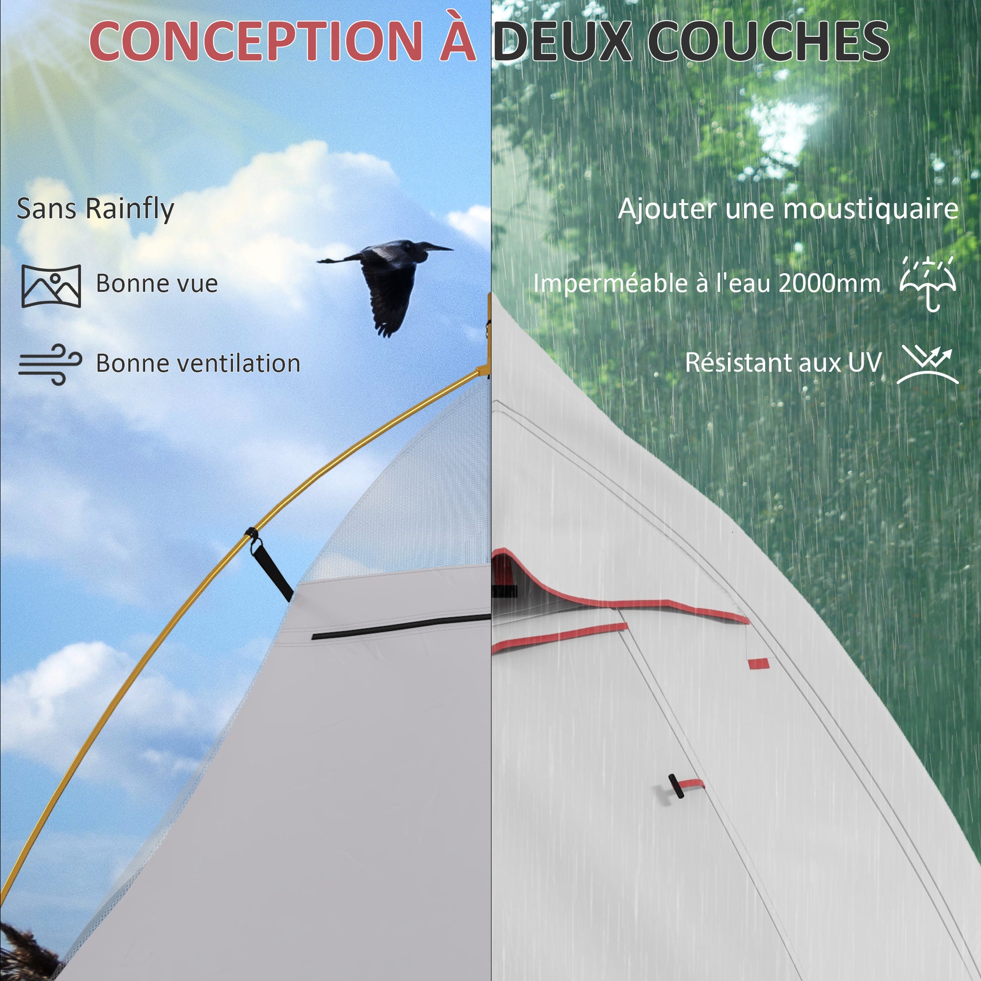 Camping Tent with Double Roof 2000mm and Carrying Bag, Lightweight Waterproof Ventilated Tunnel Tent Easy to Set Up, dim. 300L x 135W x 110H cm