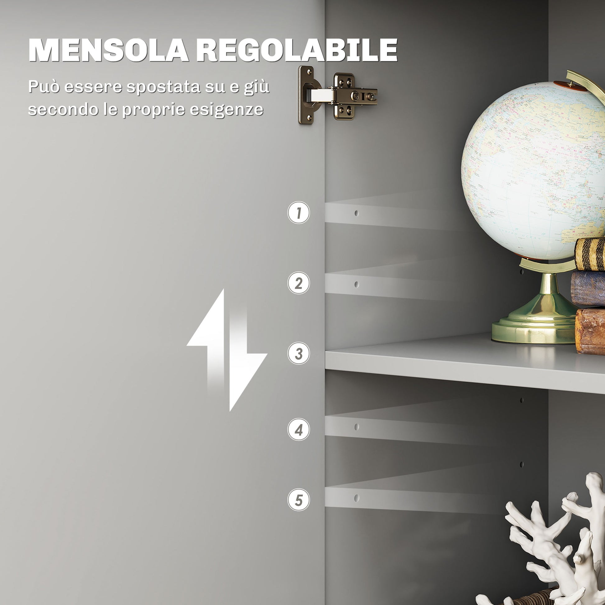 Living Room Sideboard with 3 Cabinets and 2 Drawers, Modern Space-Saving Sideboard with Adjustable Shelf in Wood, 106x35x76 cm, Light Gray