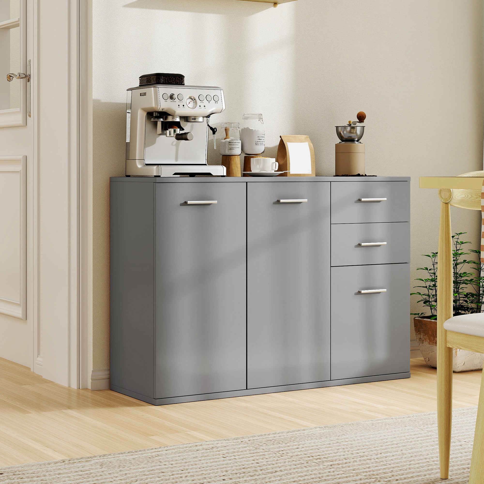 Living Room Sideboard with 3 Cabinets and 2 Drawers, Modern Space-Saving Sideboard with Adjustable Shelf in Wood, 106x35x76 cm, Light Gray