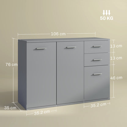 Living Room Sideboard with 3 Cabinets and 2 Drawers, Modern Space-Saving Sideboard with Adjustable Shelf in Wood, 106x35x76 cm, Light Gray