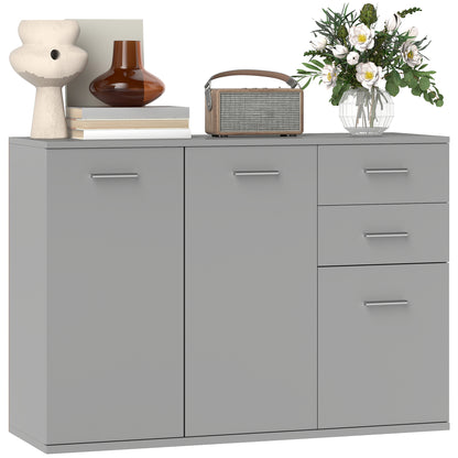 Living Room Sideboard with 3 Cabinets and 2 Drawers, Modern Space-Saving Sideboard with Adjustable Shelf in Wood, 106x35x76 cm, Light Gray