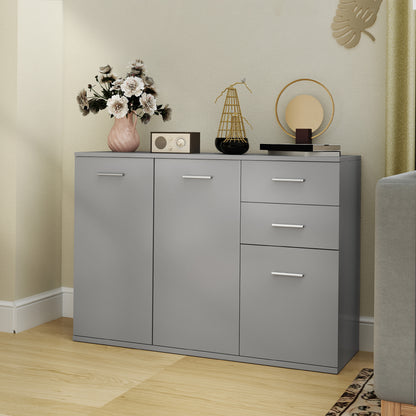 Living Room Sideboard with 3 Cabinets and 2 Drawers, Modern Space-Saving Sideboard with Adjustable Shelf in Wood, 106x35x76 cm, Light Gray