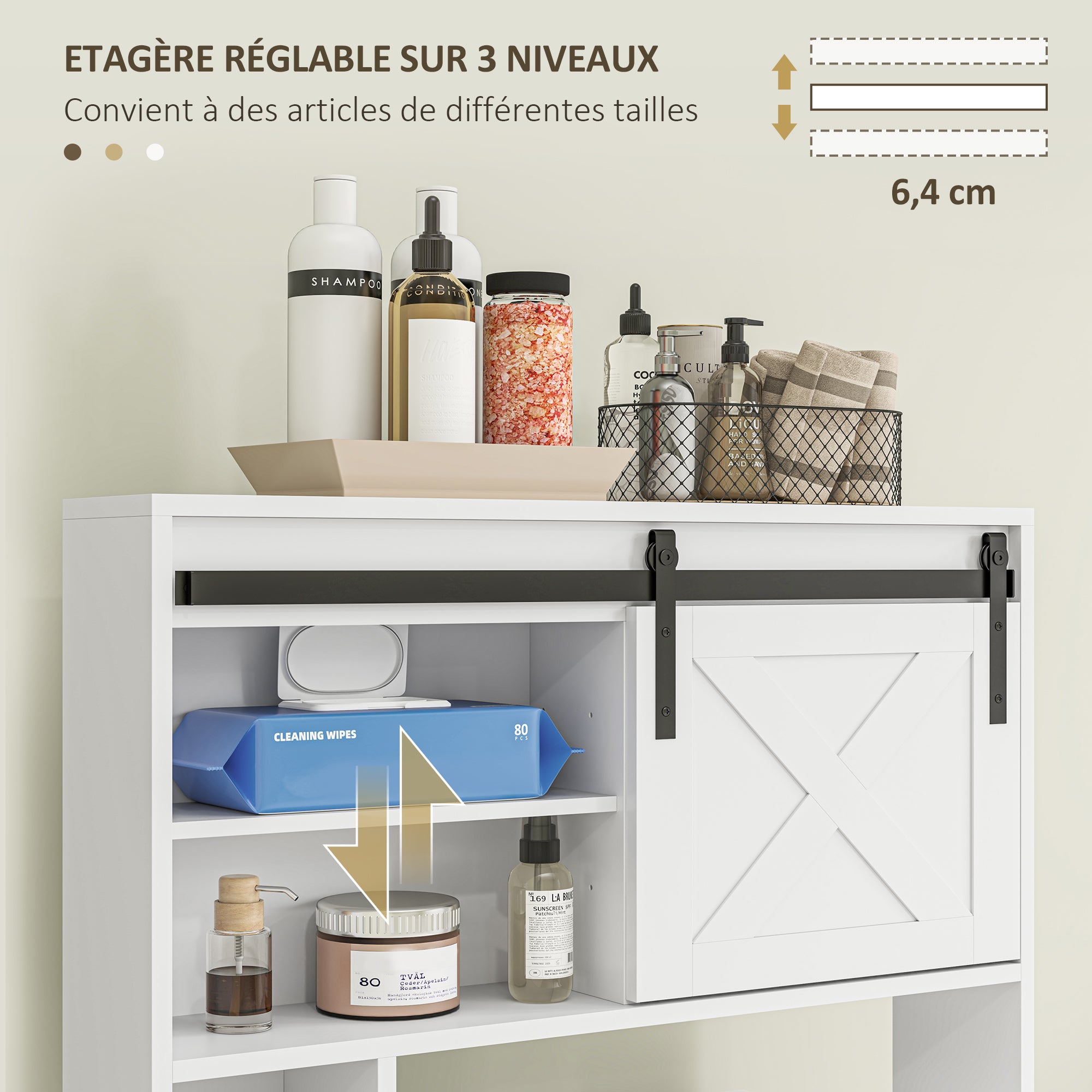 Over Toilet Storage Cabinet Bathroom Toilet Storage Cabinet with Sliding Door, Compartments, and Adjustable Shelf, White
