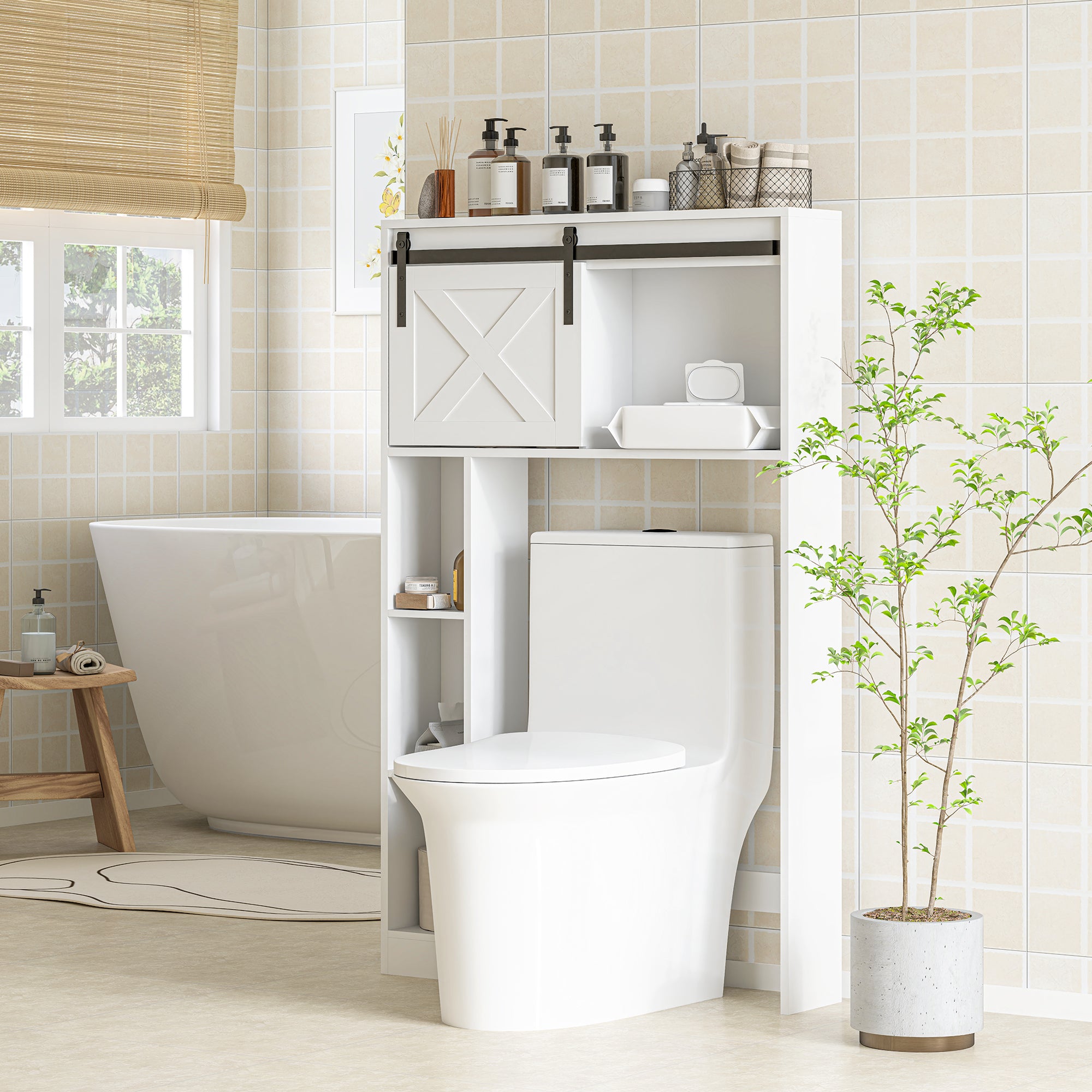 Over Toilet Storage Cabinet Bathroom Toilet Storage Cabinet with Sliding Door, Compartments, and Adjustable Shelf, White