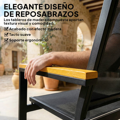 4-Piece Outdoor Patio Furniture Set — 2-Seat Sofa, 2 Armchairs & Tempered Glass Coffee Table, Textilene Fabric, Wide Composite Wood-Look Armrests, Black