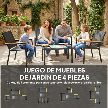 4-Piece Outdoor Patio Furniture Set — 2-Seat Sofa, 2 Armchairs & Tempered Glass Coffee Table, Textilene Fabric, Wide Composite Wood-Look Armrests, Black