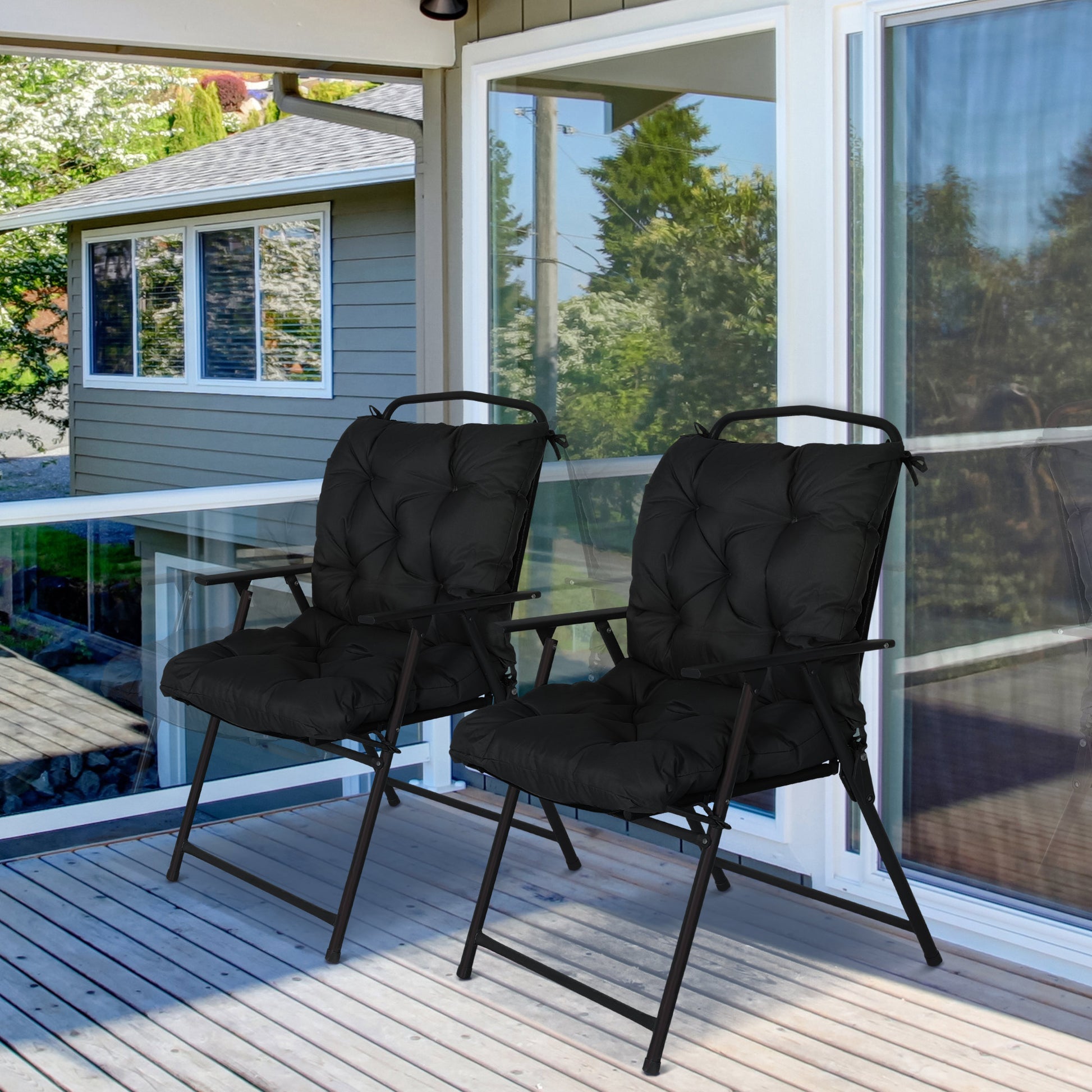 Set of 2 Chair Cushions Garden Bench Mattresses with Backrest 6 Fixing Cords 50x98x8 cm Black