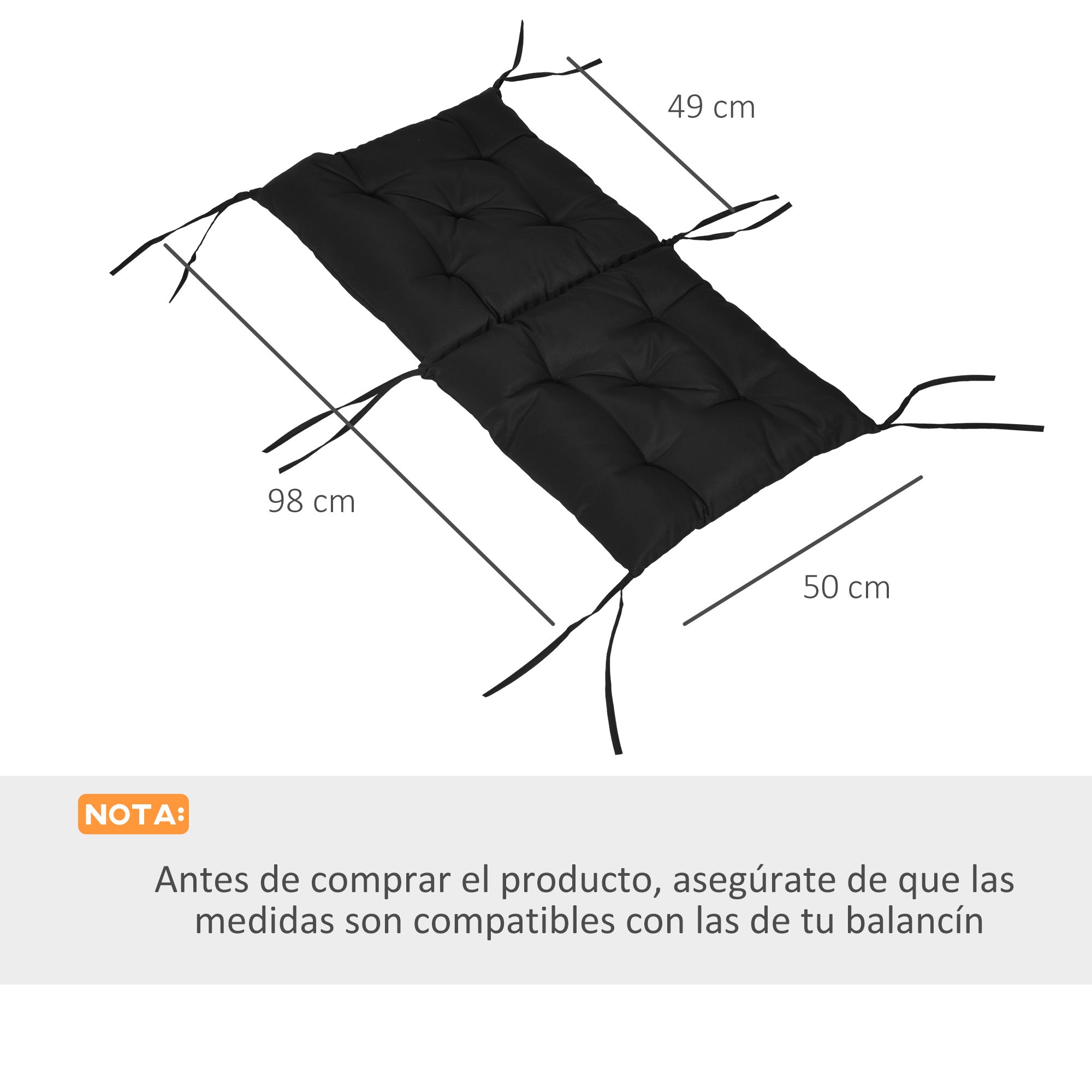 Set of 2 Chair Cushions Garden Bench Mattresses with Backrest 6 Fixing Cords 50x98x8 cm Black
