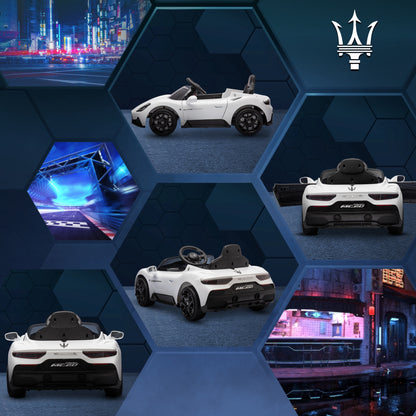 Licensed Maserati MC20 Electric Kids Car 12V with 2.4G Remote Control, Smooth Start, LED Lights, Music and Horn, Spring Suspension, 3-6 Years, White