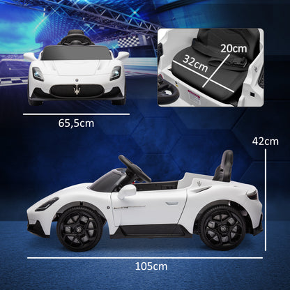 Licensed Maserati MC20 Electric Kids Car 12V with 2.4G Remote Control, Smooth Start, LED Lights, Music and Horn, Spring Suspension, 3-6 Years, White