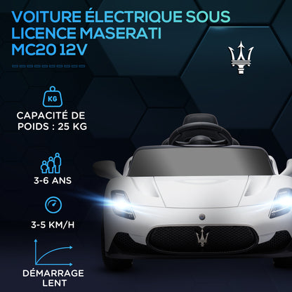 Licensed Maserati MC20 Electric Kids Car 12V with 2.4G Remote Control, Smooth Start, LED Lights, Music and Horn, Spring Suspension, 3-6 Years, White