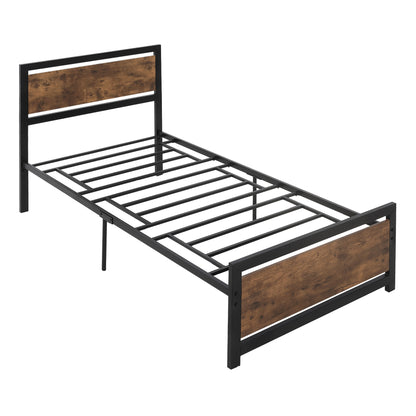 Single Bed Frame in Wood and Steel 97x 208x103cm, Integrated Slats, Industrial Style Headboard and Footboard, Black and Rustic Brown