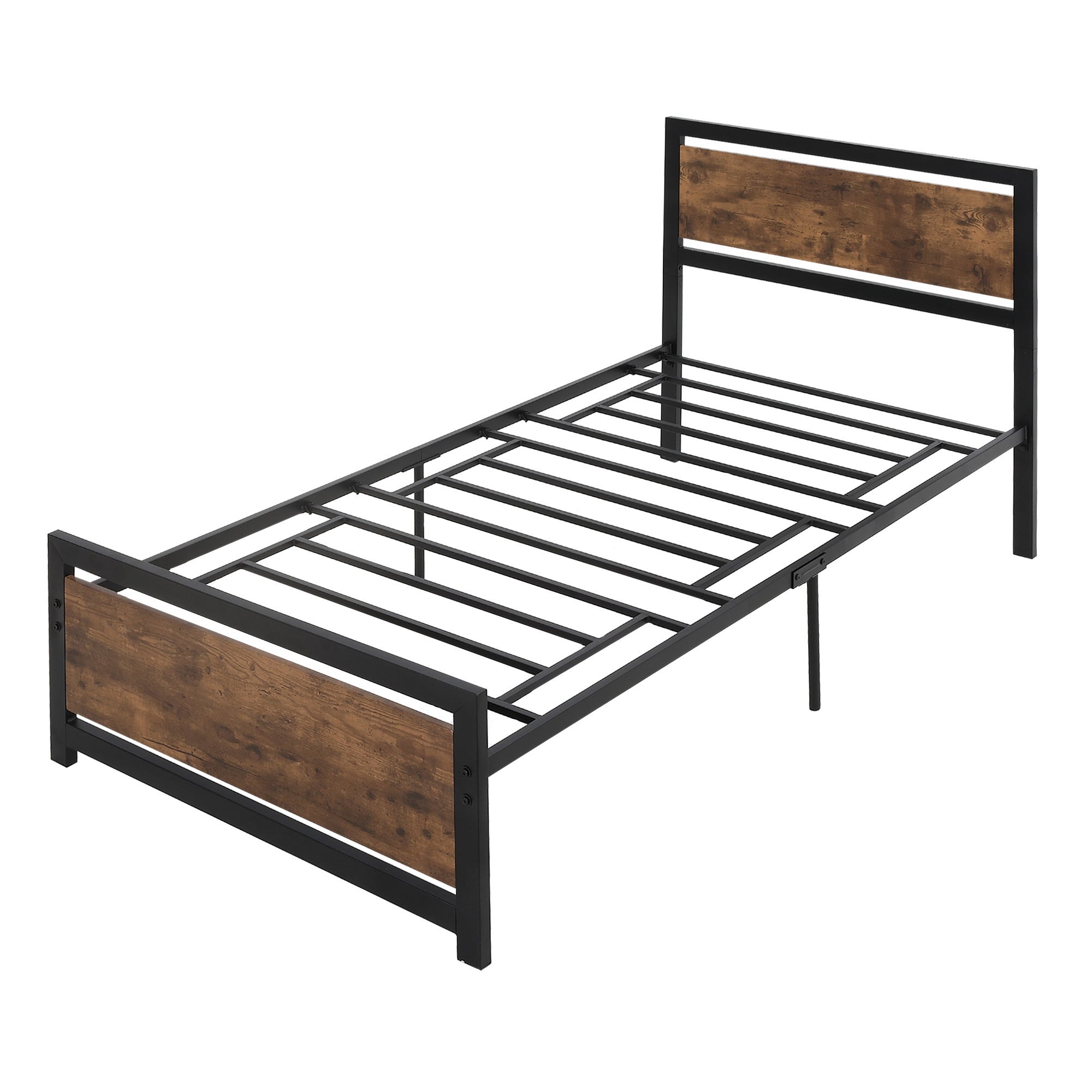 Single Bed Frame in Wood and Steel 97x 208x103cm, Integrated Slats, Industrial Style Headboard and Footboard, Black and Rustic Brown