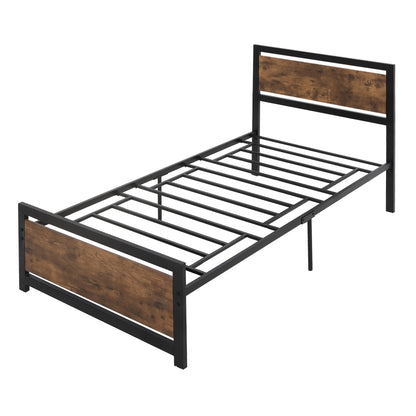 Single Bed Frame in Wood and Steel 97x 208x103cm, Integrated Slats, Industrial Style Headboard and Footboard, Black and Rustic Brown