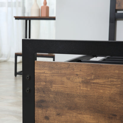 Single Bed Frame in Wood and Steel 97x 208x103cm, Integrated Slats, Industrial Style Headboard and Footboard, Black and Rustic Brown