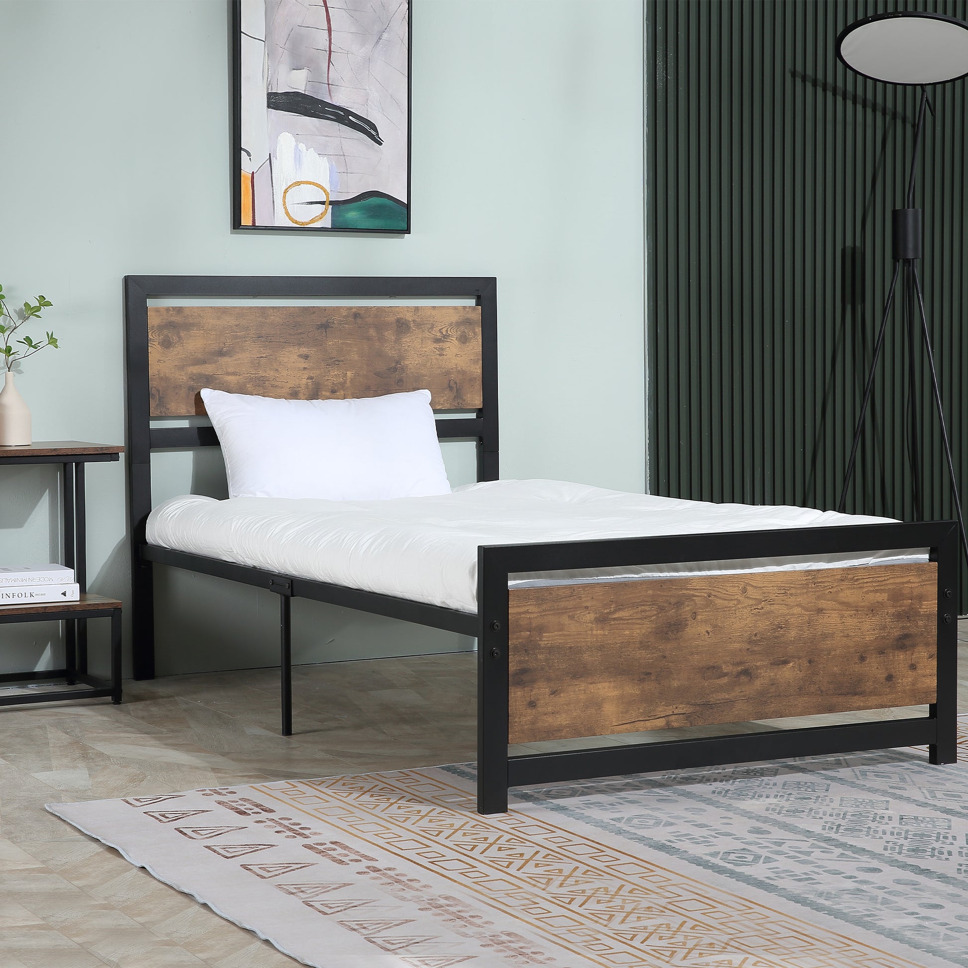 Single Bed Frame in Wood and Steel 97x 208x103cm, Integrated Slats, Industrial Style Headboard and Footboard, Black and Rustic Brown