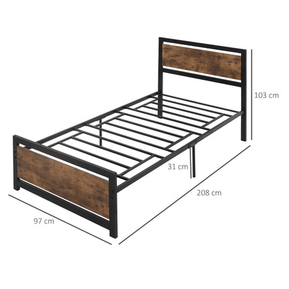 Single Bed Frame in Wood and Steel 97x 208x103cm, Integrated Slats, Industrial Style Headboard and Footboard, Black and Rustic Brown