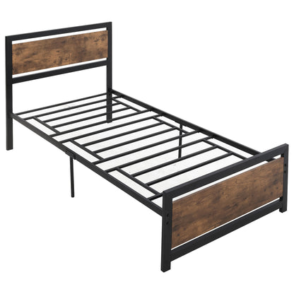 Single Bed Frame in Wood and Steel 97x 208x103cm, Integrated Slats, Industrial Style Headboard and Footboard, Black and Rustic Brown