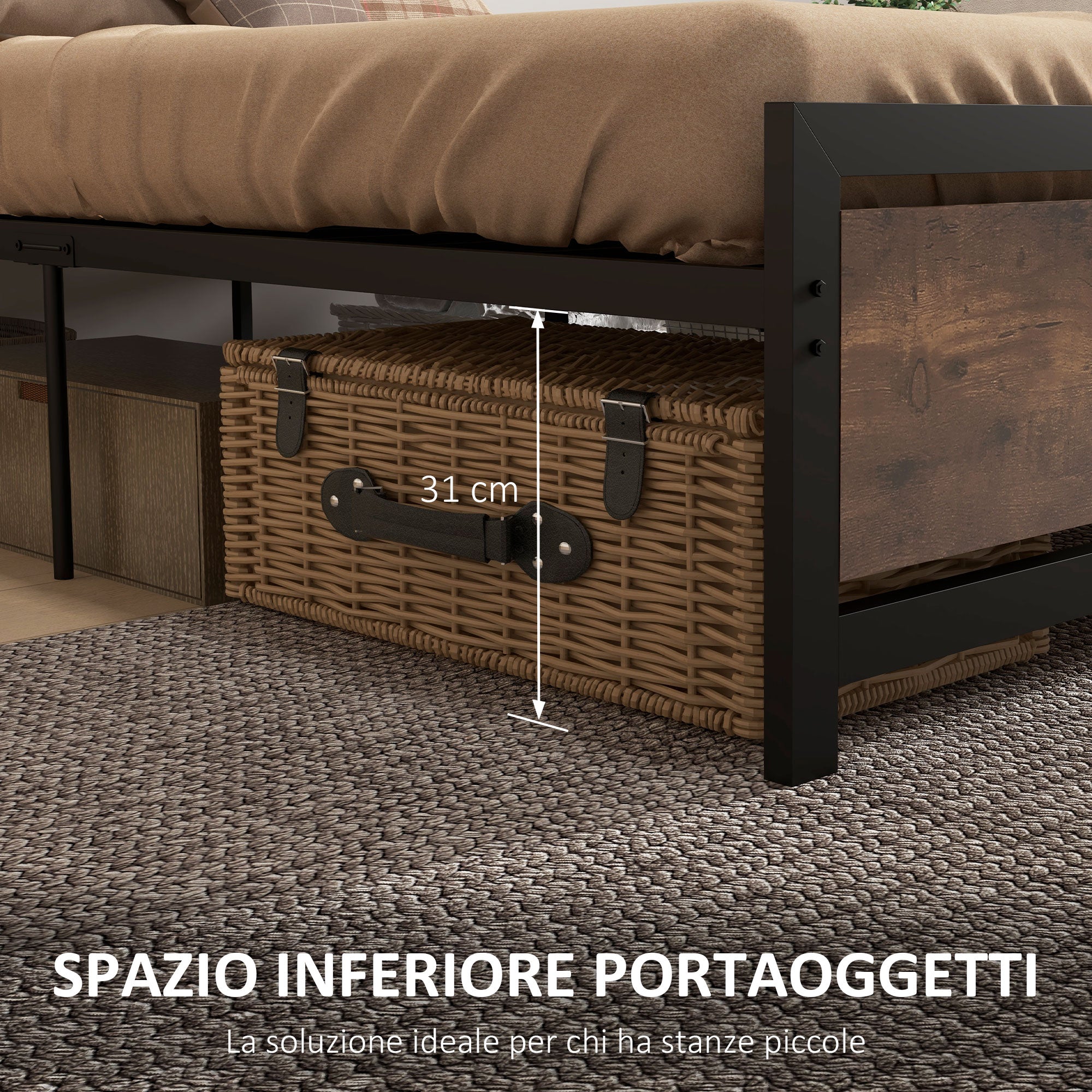 Single Bed Frame in Wood and Steel 97x 208x103cm, Integrated Slats, Industrial Style Headboard and Footboard, Black and Rustic Brown
