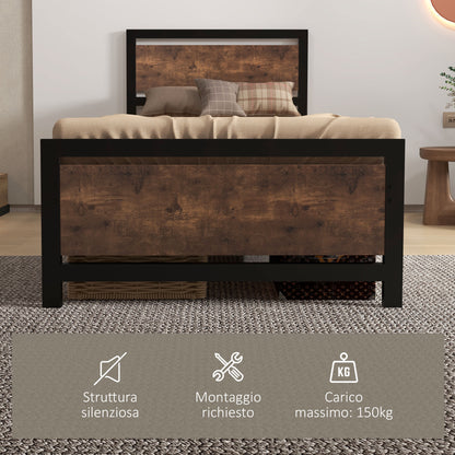 Single Bed Frame in Wood and Steel 97x 208x103cm, Integrated Slats, Industrial Style Headboard and Footboard, Black and Rustic Brown