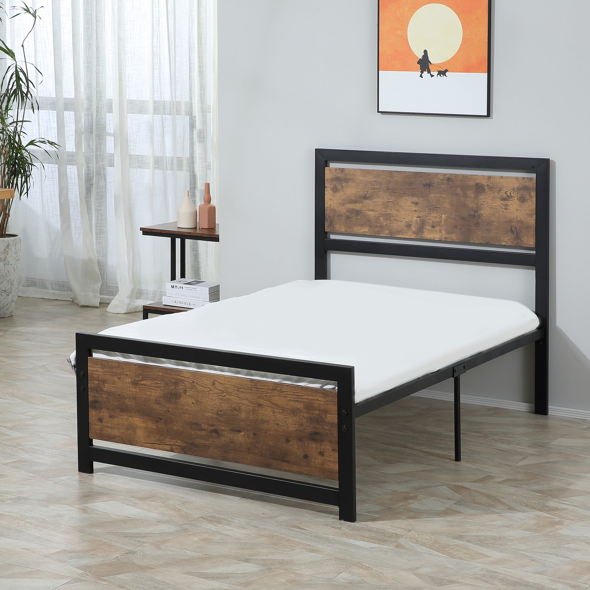 Single Bed Frame in Wood and Steel 97x 208x103cm, Integrated Slats, Industrial Style Headboard and Footboard, Black and Rustic Brown