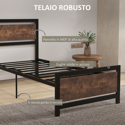 Single Bed Frame in Wood and Steel 97x 208x103cm, Integrated Slats, Industrial Style Headboard and Footboard, Black and Rustic Brown