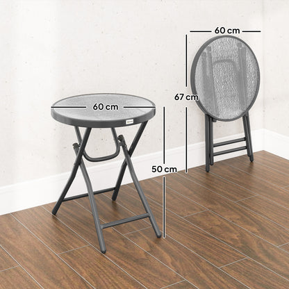 Round Bistro Garden Coffee Table Ø 60 x 50H cm Foldable Black Metal Tempered Glass Top